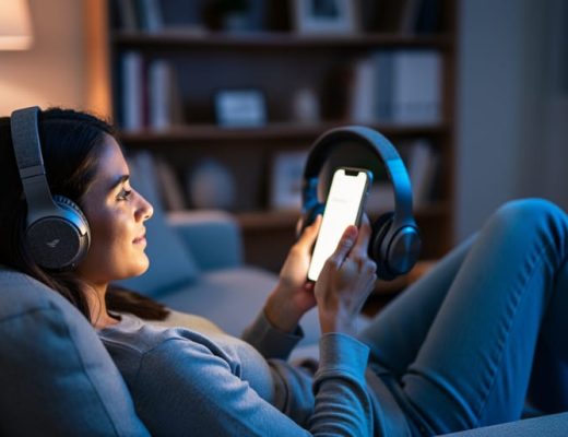 Person relaxing at home at night while holding a smartphone and wearing over-ear headphones, suggesting an active Audible sale.