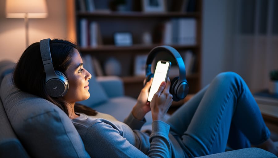 Person relaxing at home at night while holding a smartphone and wearing over-ear headphones, suggesting an active Audible sale.