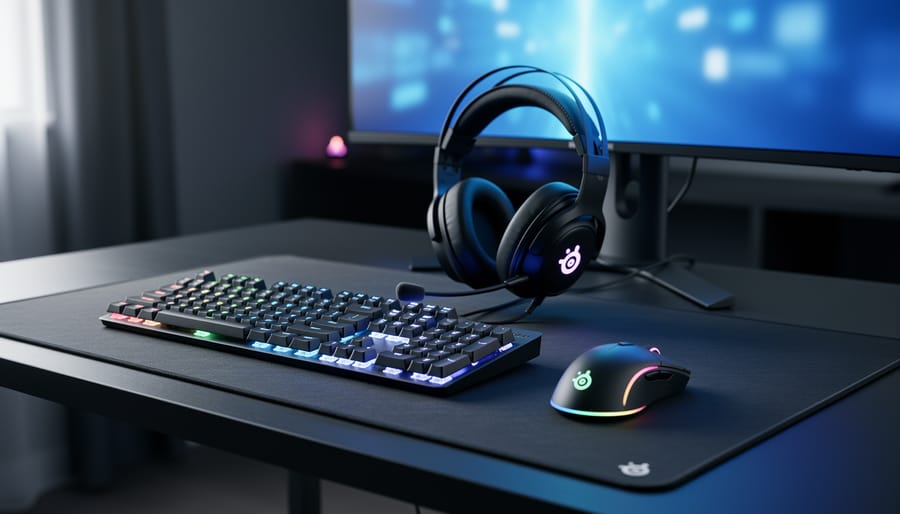 Gaming desk setup with an RGB mechanical keyboard, wireless gaming mouse, and over-ear gaming headset arranged on a mousepad, with a softly lit monitor in the background.