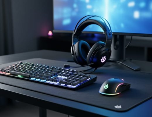 Gaming desk setup with an RGB mechanical keyboard, wireless gaming mouse, and over-ear gaming headset arranged on a mousepad, with a softly lit monitor in the background.