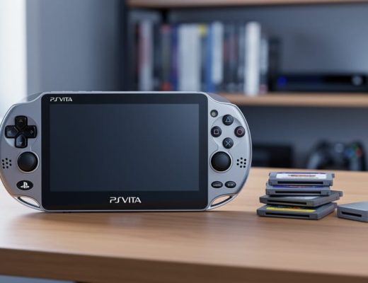 PlayStation Vita handheld on a wooden desk with nearby retro game cartridges and a memory card case, photographed in soft natural light.