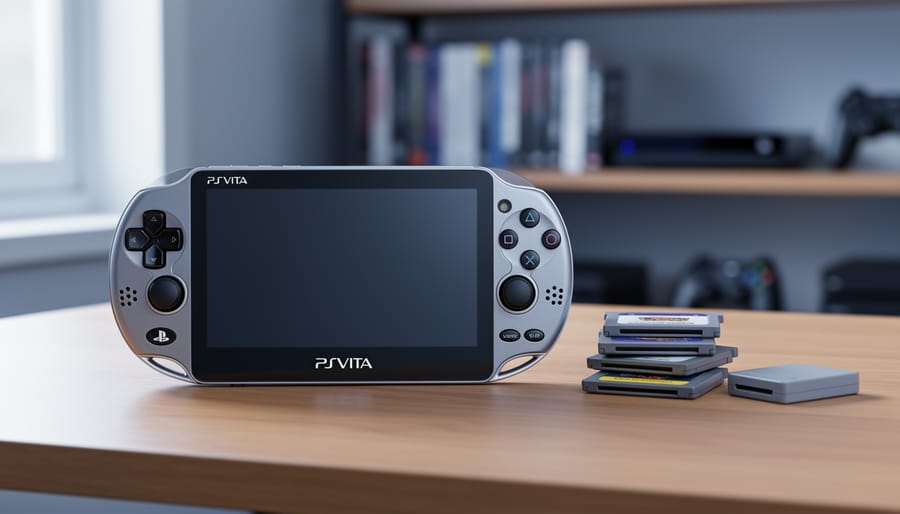 PlayStation Vita handheld on a wooden desk with nearby retro game cartridges and a memory card case, photographed in soft natural light.