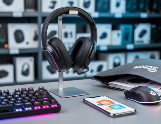 Gaming peripherals on a RGB-lit desk, with a headset, keyboard, and mouse and a phone suggesting a discount promo in the background.