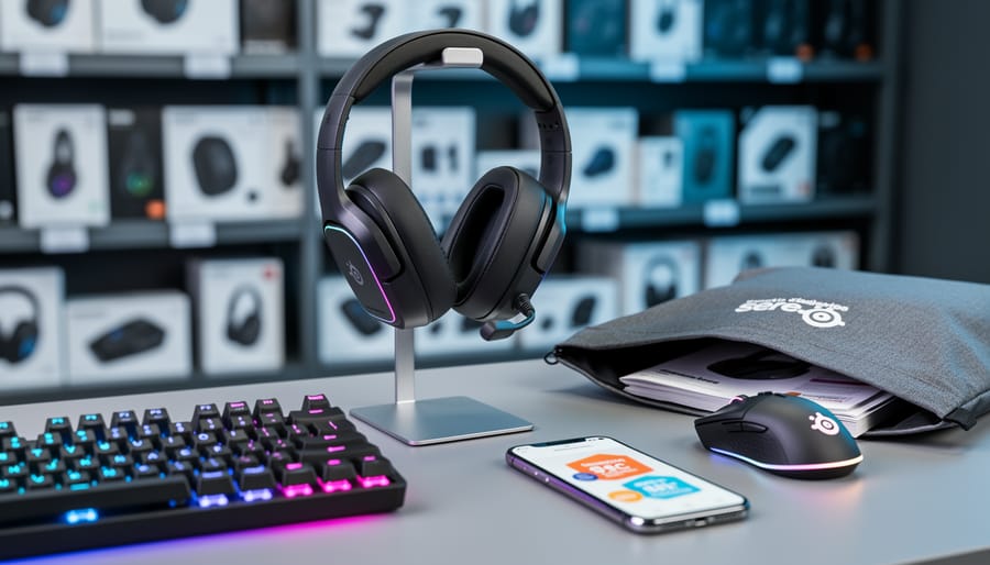 Gaming peripherals on a RGB-lit desk, with a headset, keyboard, and mouse and a phone suggesting a discount promo in the background.