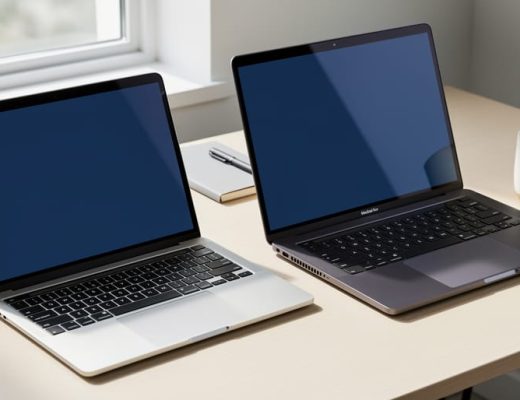 Two modern budget laptops placed side-by-side on a desk in soft natural light, with a blurred notebook and coffee mug in the background.