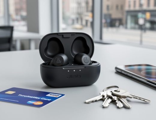 Close-up of JLab Go Pods ANC earbuds in an open charging case on a desk next to a smartphone, with commute items in soft-focus background.