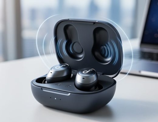 Close-up of Anker Soundcore Liberty 5 Pro true wireless earbuds in the charging case under soft daylight.
