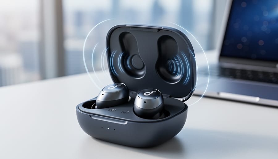 Close-up of Anker Soundcore Liberty 5 Pro true wireless earbuds in the charging case under soft daylight.