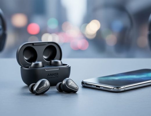 Close-up of Anker Soundcore P31i wireless earbuds and charging case next to a smartphone on a desk, with blurred city-light background.