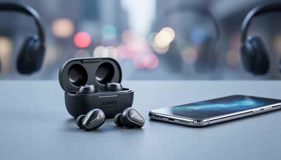 Close-up of Anker Soundcore P31i wireless earbuds and charging case next to a smartphone on a desk, with blurred city-light background.