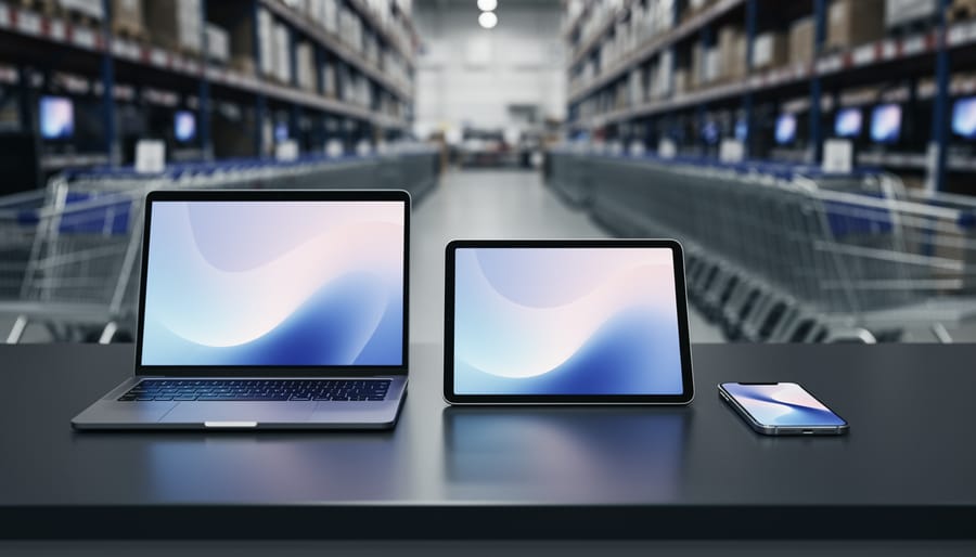 “Laptop, tablet, and smartphone arranged on a dark counter with a soft tech glow, representing early electronics Black Friday deals.”