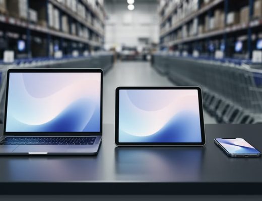 “Laptop, tablet, and smartphone arranged on a dark counter with a soft tech glow, representing early electronics Black Friday deals.”