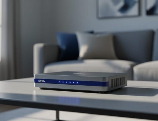 A modern WiFi gateway/router device placed on a living-room coffee table in a bright, contemporary home setting.