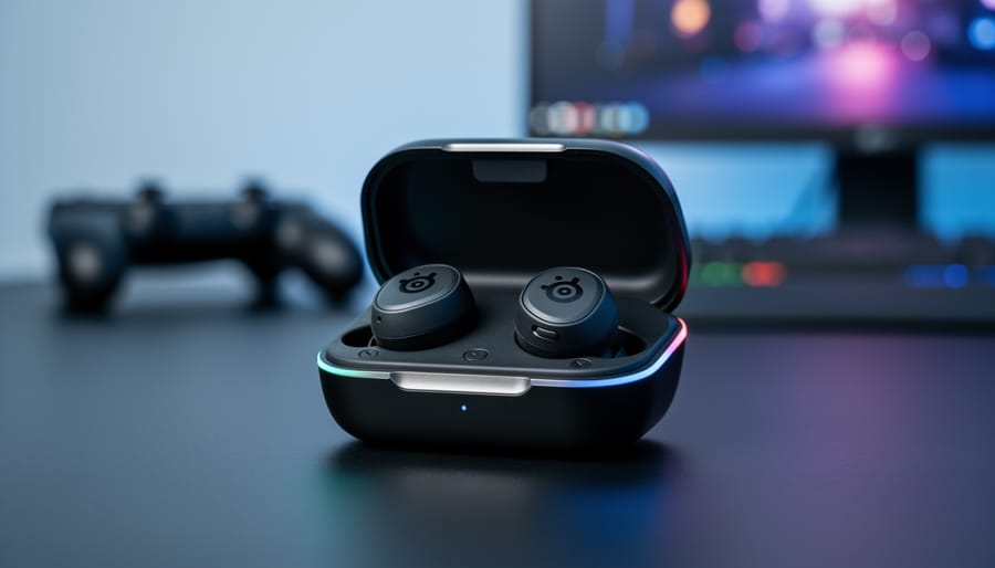 Close-up of SteelSeries Arctis GameBuds earbuds in a Qi-compatible charging case on a dark gaming desk with cool blue ambient lighting.