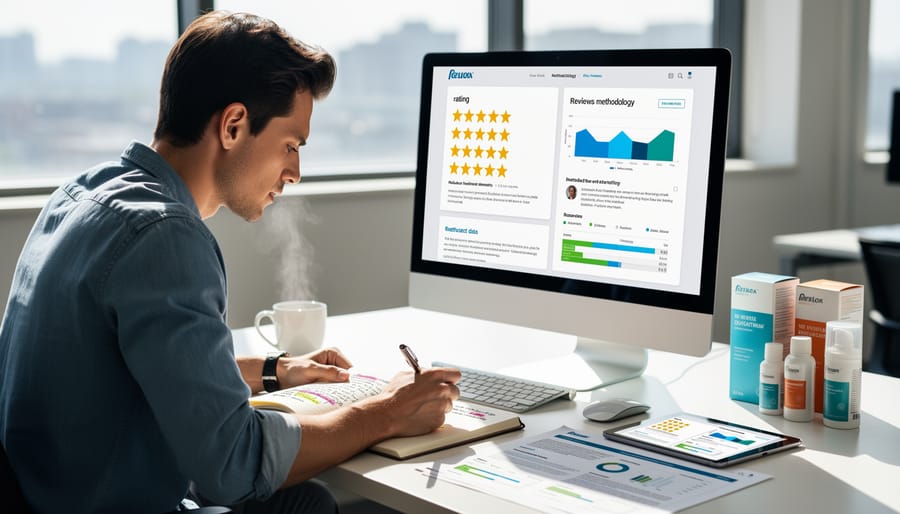 Magnifying glass examining product ratings on laptop screen in professional setting