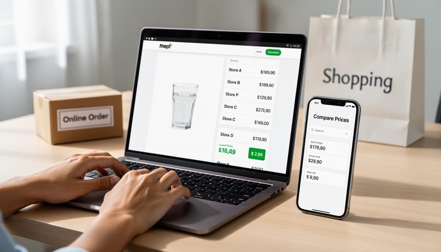 Transparent piggy bank with money next to receipts and shopping bags from various retailers