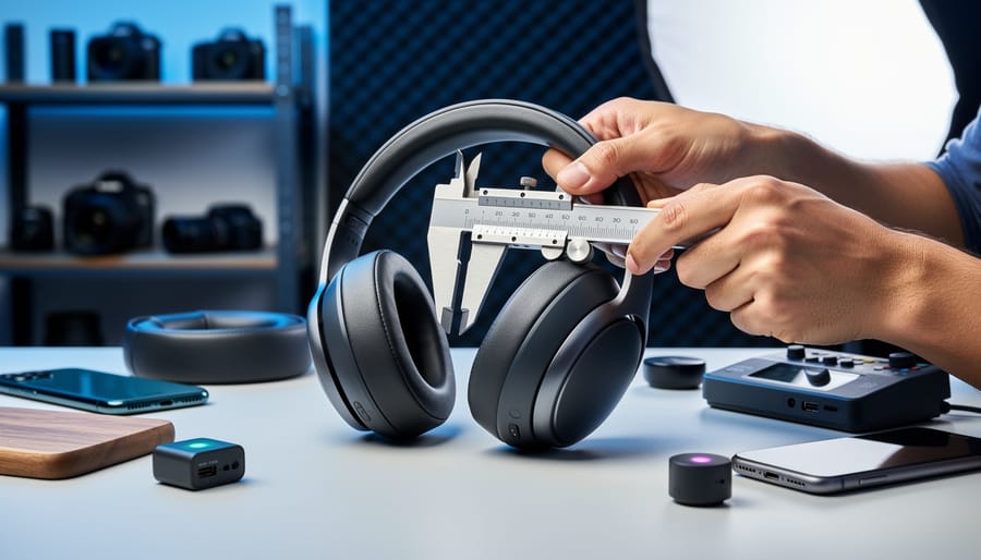 Close-up, eye-level view of a reviewer’s hands measuring over-ear headphones with calipers on a clean workbench, with unbranded electronics and sensors nearby; soft side lighting, blurred shelves, anechoic foam panels, and a light tent in the background; no visible logos, text, or numbers.