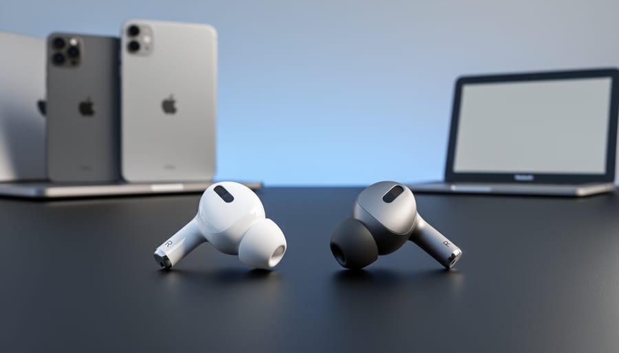 Two wireless earbuds—an AirPods-style earbud and a third-party in-ear design—resting on a matte-black surface with blurred smartphone and tablet shapes behind them.