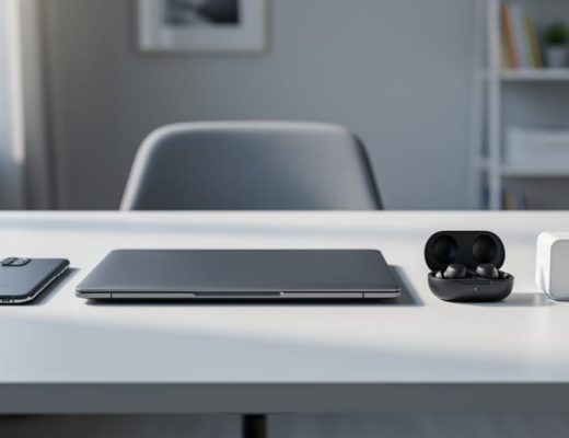 “Smartphone, laptop, wireless earbuds, and a smart home device arranged on a clean desk under soft natural light.”