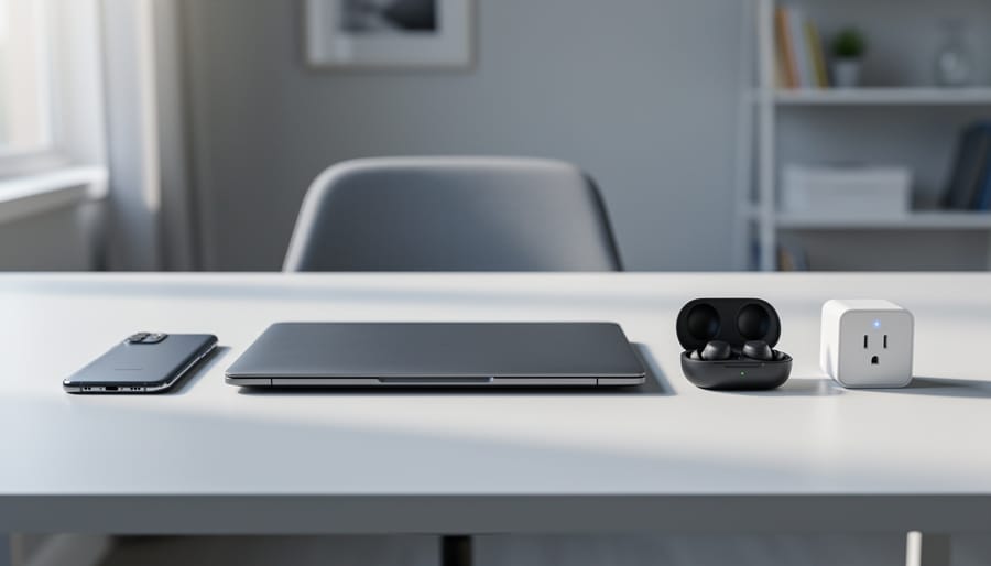 “Smartphone, laptop, wireless earbuds, and a smart home device arranged on a clean desk under soft natural light.”