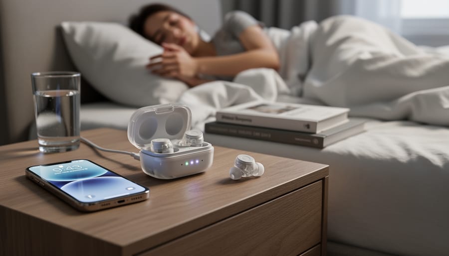Charging case and earbuds resting on a bedside nightstand at warm evening light