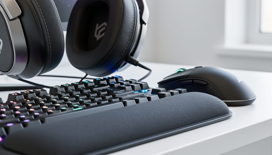 Close-up of a gaming headset ear cushion showing fabric texture and stitching with a blurred background.
