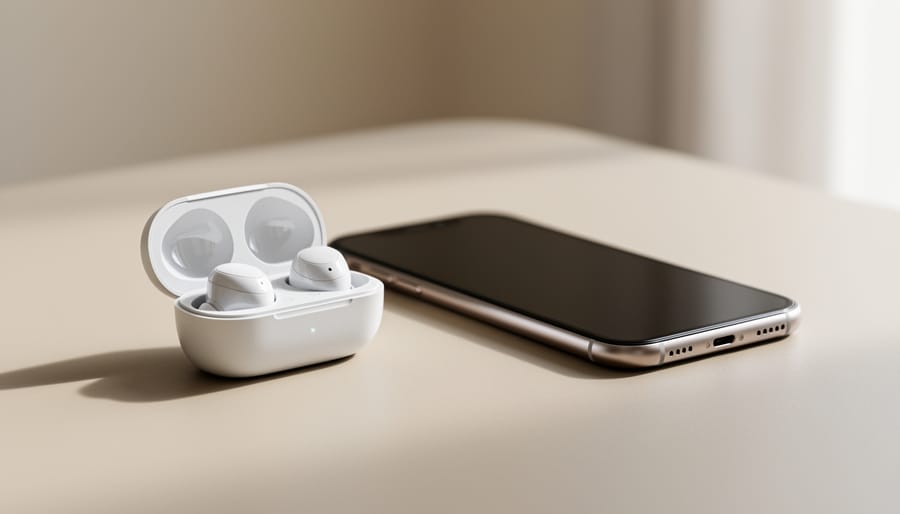 Close-up of Apple AirPods and the charging case next to an iPhone on a light-wood surface.