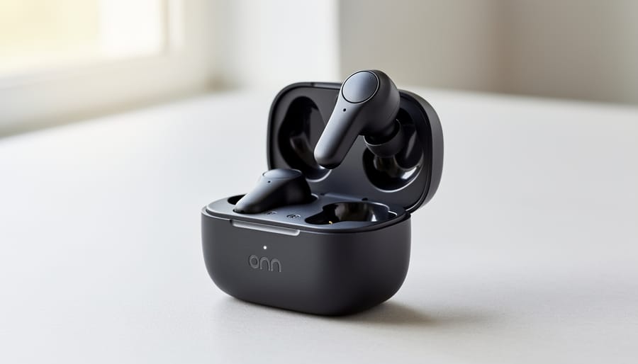 Close-up of Onn true wireless earbuds resting in a charging case on a dark desk