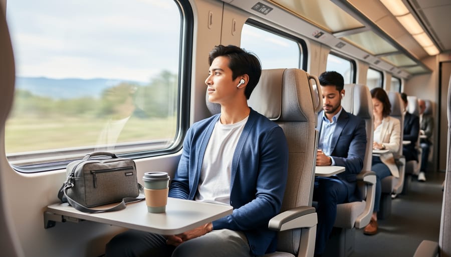 Commuter seated on public transit with a true wireless earbud in one ear, train interior blurred behind.