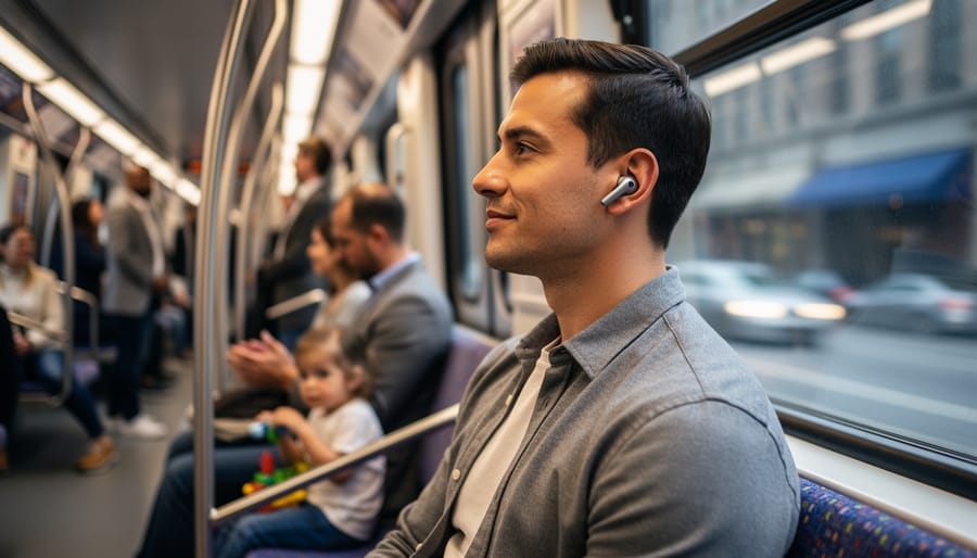 Commuter wearing true wireless noise cancelling earbuds inside a train carriage