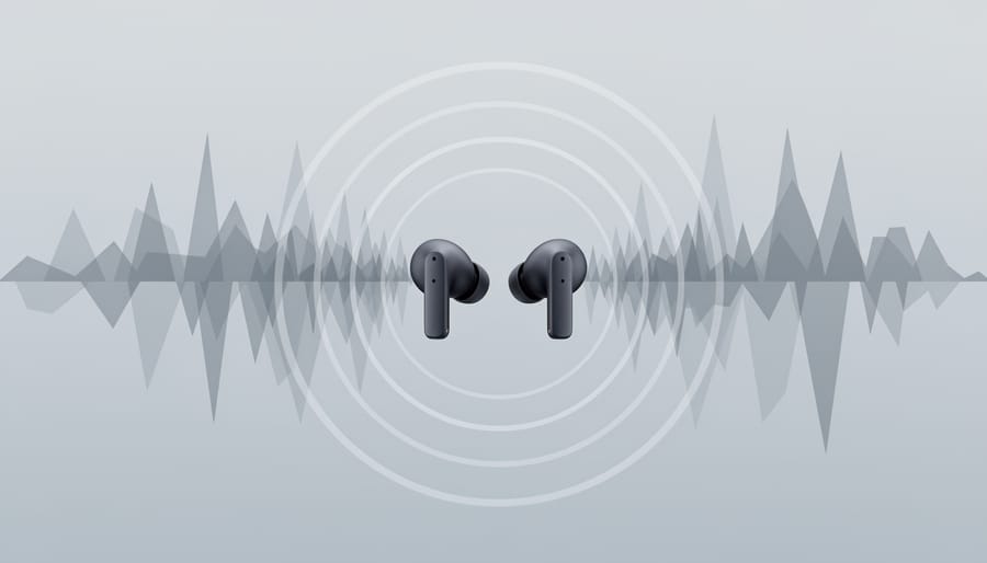 Conceptual image of earbuds with fading light waves representing noise cancelling