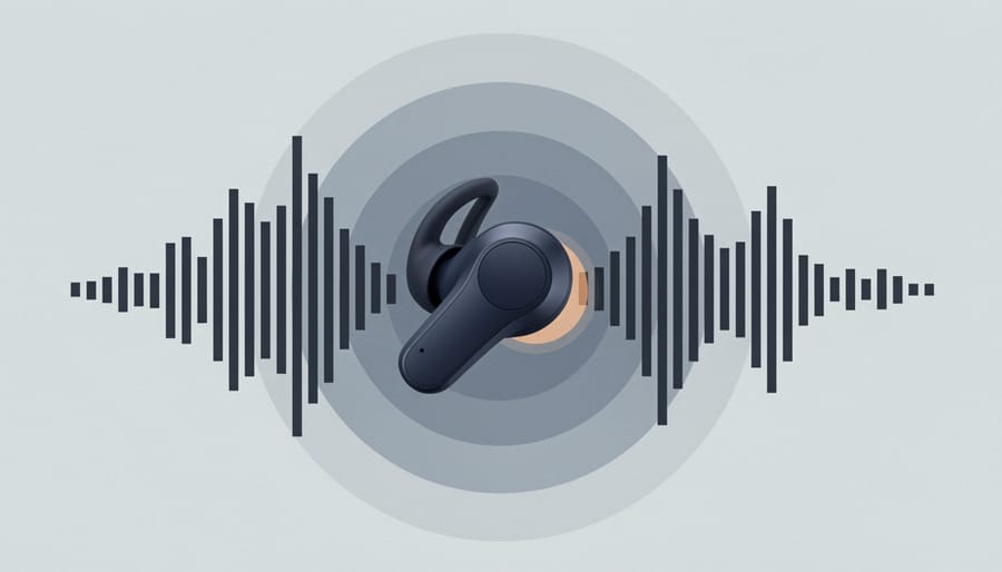 Earbuds on a stand with light ripples suggesting strong bass response