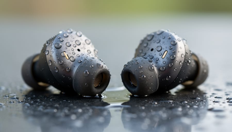 Earbuds with water droplets on their surfaces in a puddle