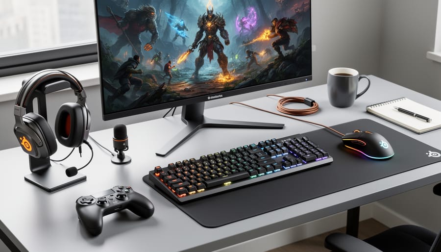 Gaming desk setup with a mouse, mechanical keyboard, and gaming headset arranged together, with a softly blurred monitor background.