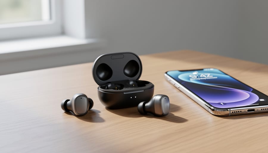 JLab Go Air Pop earbuds and charging case placed next to a smartphone on a desk.