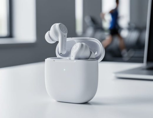 Close-up of JLab Go Air Pop true wireless earbuds resting in an open charging case on a clean desk with a softly blurred background.