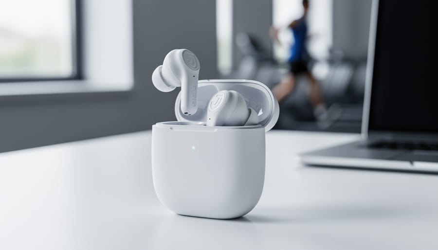 Close-up of JLab Go Air Pop true wireless earbuds resting in an open charging case on a clean desk with a softly blurred background.