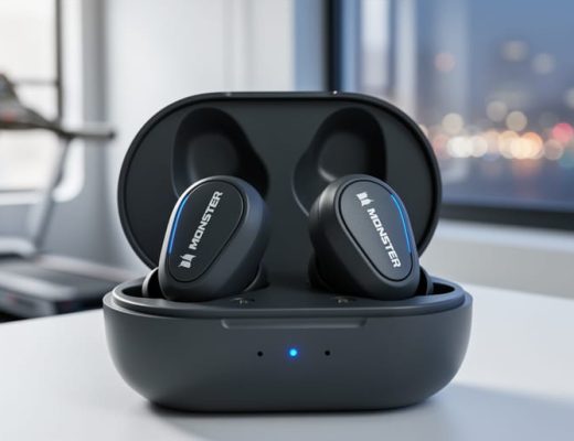Close-up of Monster N-Lite 203 wireless earbuds and the charging case under soft daylight with a blurred commute-and-workout background.