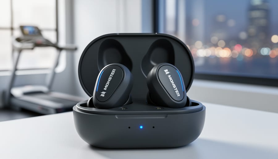 Close-up of Monster N-Lite 203 wireless earbuds and the charging case under soft daylight with a blurred commute-and-workout background.