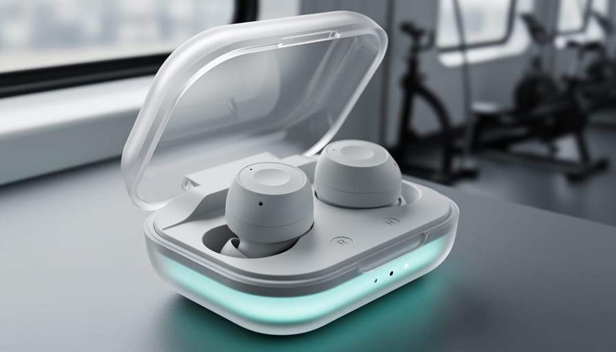 Close-up of Nothing Ear (3) wireless earbuds in a transparent charging case under soft daylight.