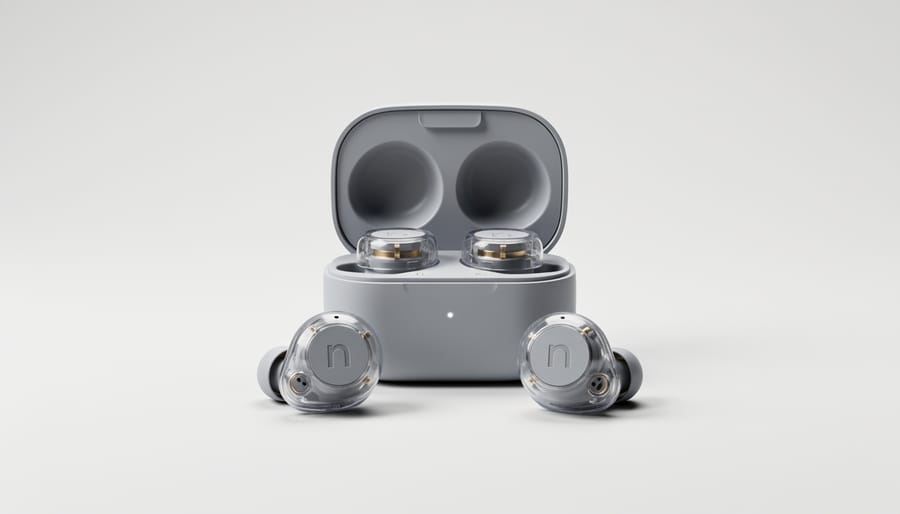 Nothing Ear (3) earbuds and charging case on a matte desk under studio lighting