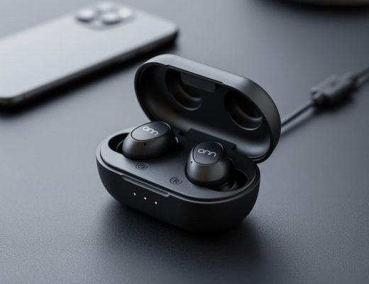 Onn true wireless earbuds placed in their charging case on a dark desk, photographed in close-up from an angled overhead perspective.