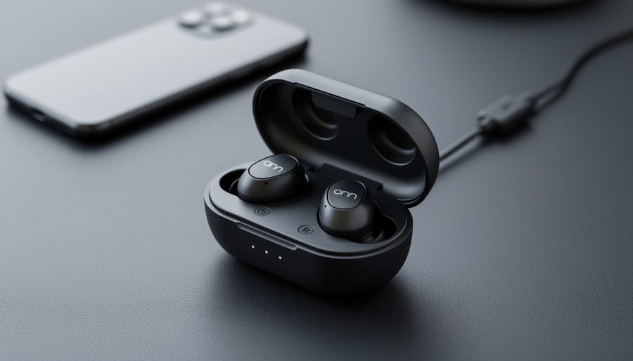 Onn true wireless earbuds placed in their charging case on a dark desk, photographed in close-up from an angled overhead perspective.