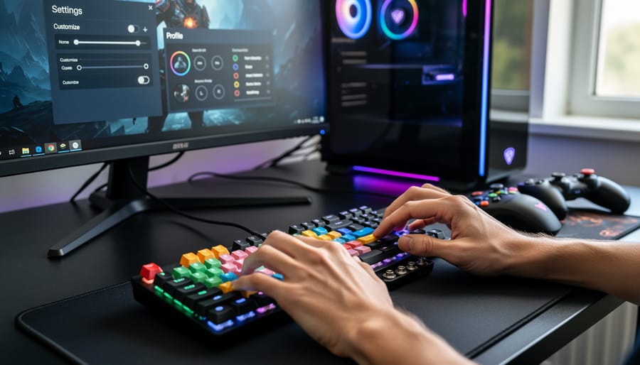 Over-the-shoulder view of a gamer’s hands adjusting gaming keyboard and mouse controls with an RGB glow, with a blurred monitor in the background.