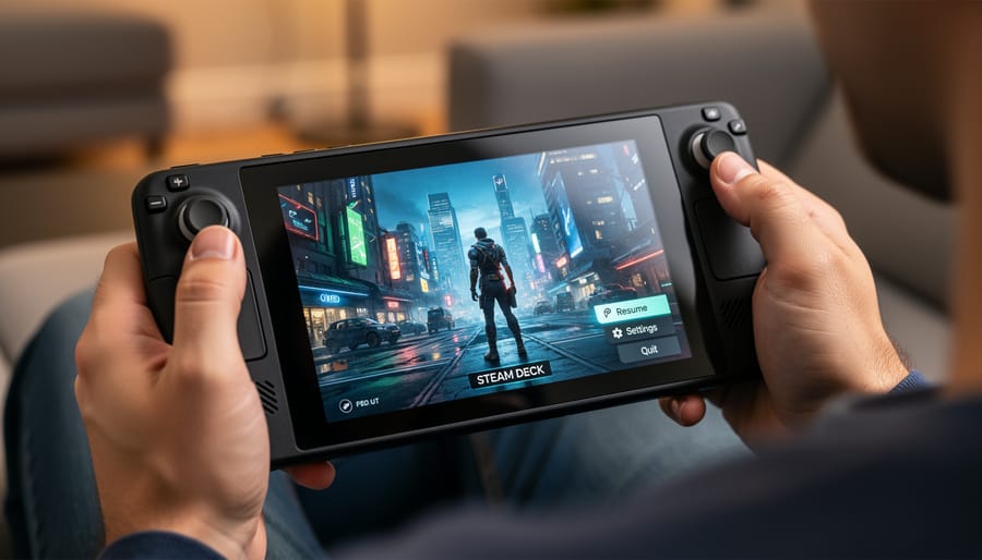 Person holding a Steam Deck OLED while gaming, showing the bright screen glow.