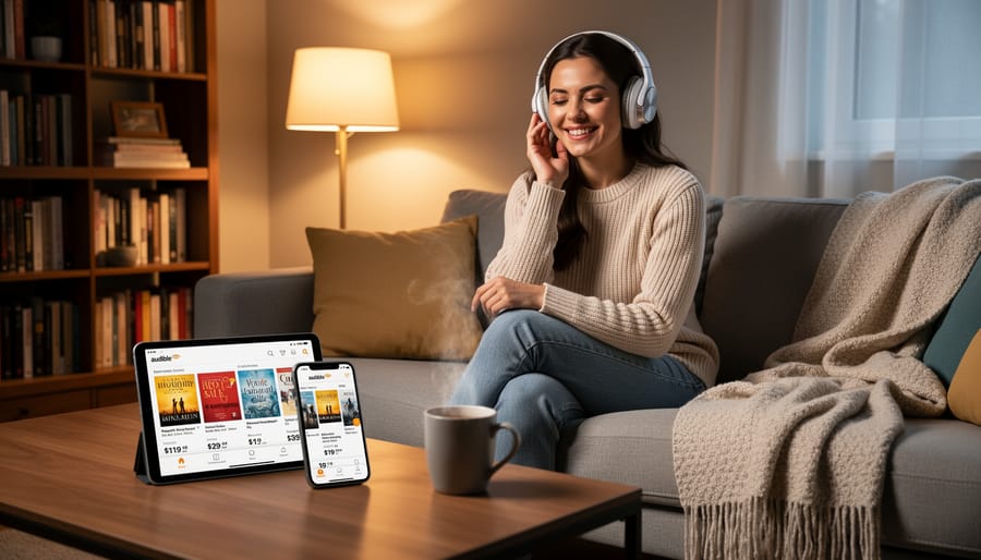 Person relaxing on a sofa wearing headphones and holding a phone for audiobook listening.