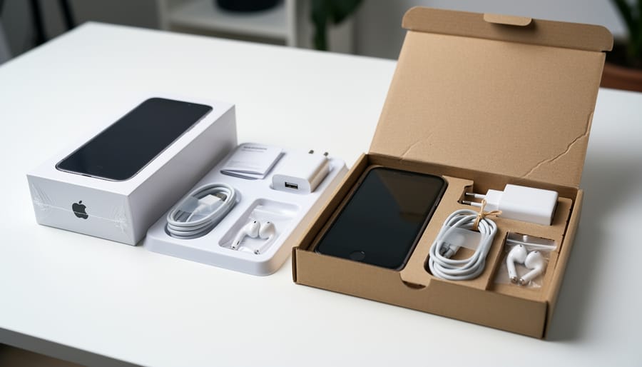 Person’s hands holding sealed electronics accessories and a blank warranty card inside a refurbished-style box.