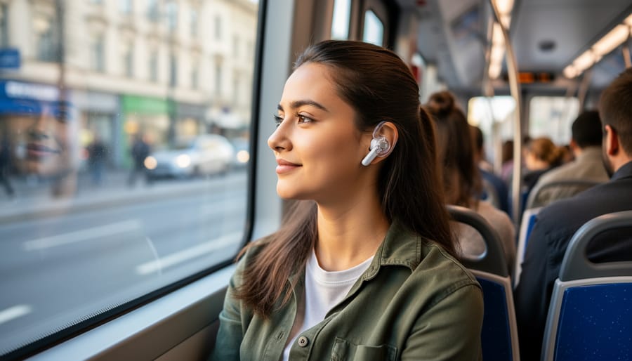 Person wearing Nothing Ear (3) earbuds while sitting on a train