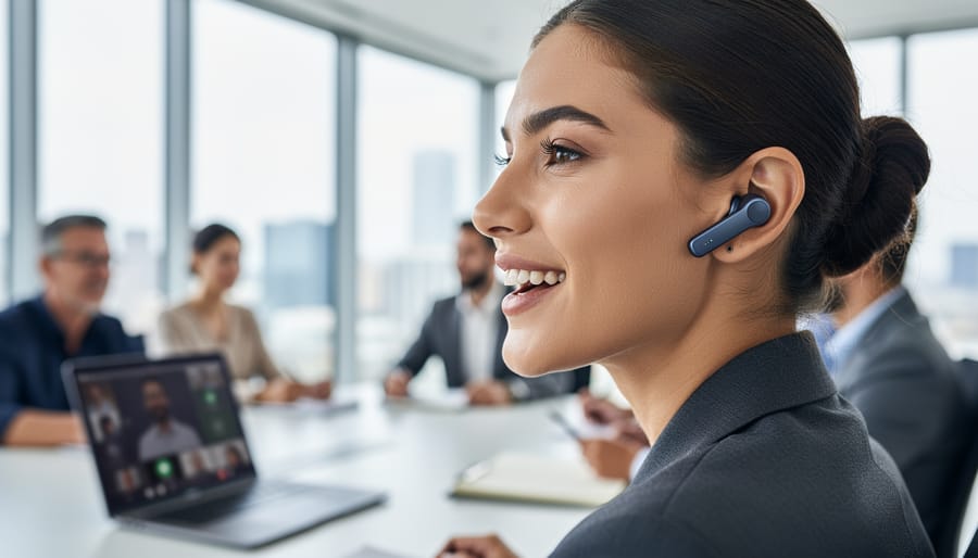 Person wearing Sony WF-1000XM6 earbuds during a video call in a home office