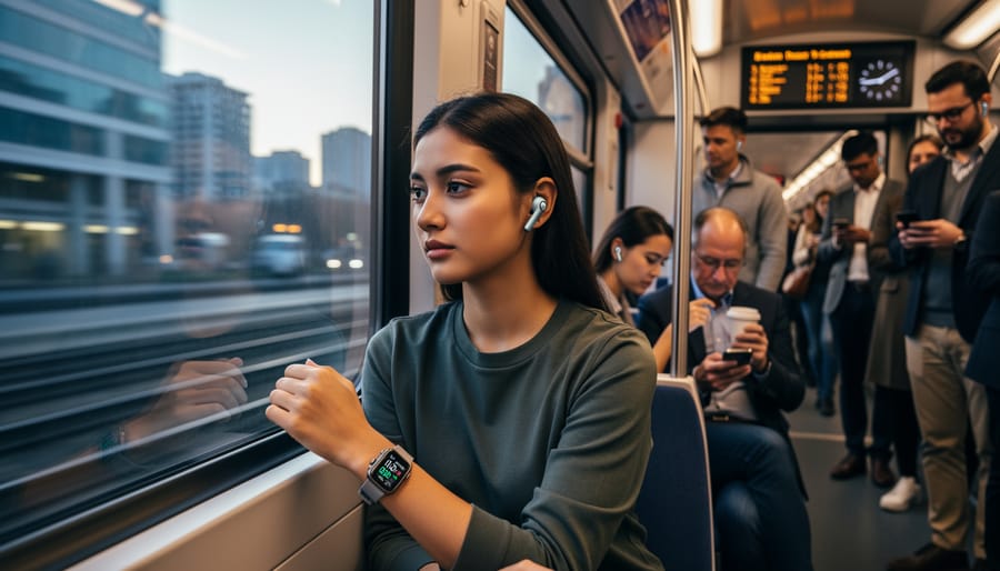 Person wearing true wireless earbuds while waiting on a transit platform